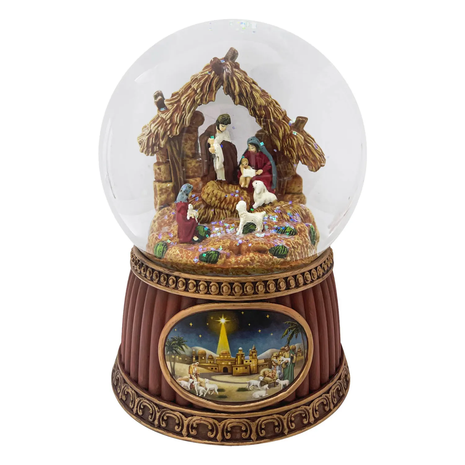 100MM Musical Water Globe Nativity Holy Family with Bethlehem Scene