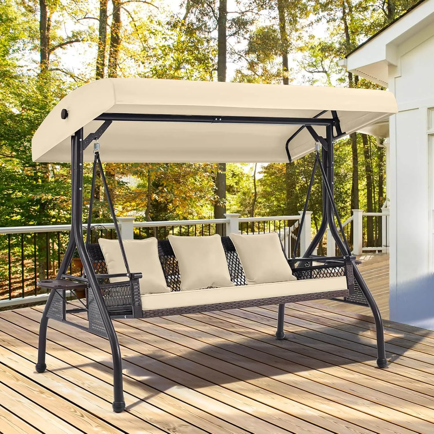 3-Person Outdoor Wicker Porch Swing with Adjustable Canopy Back Yard Khaki