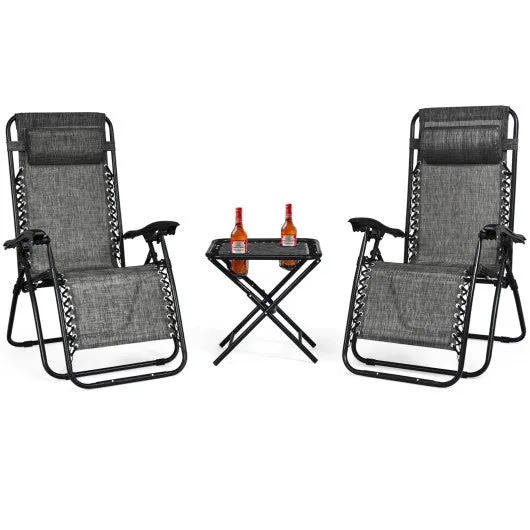 3 Pieces Folding Portable Zero Gravity Reclining Lounge Chairs Table Set-Gray