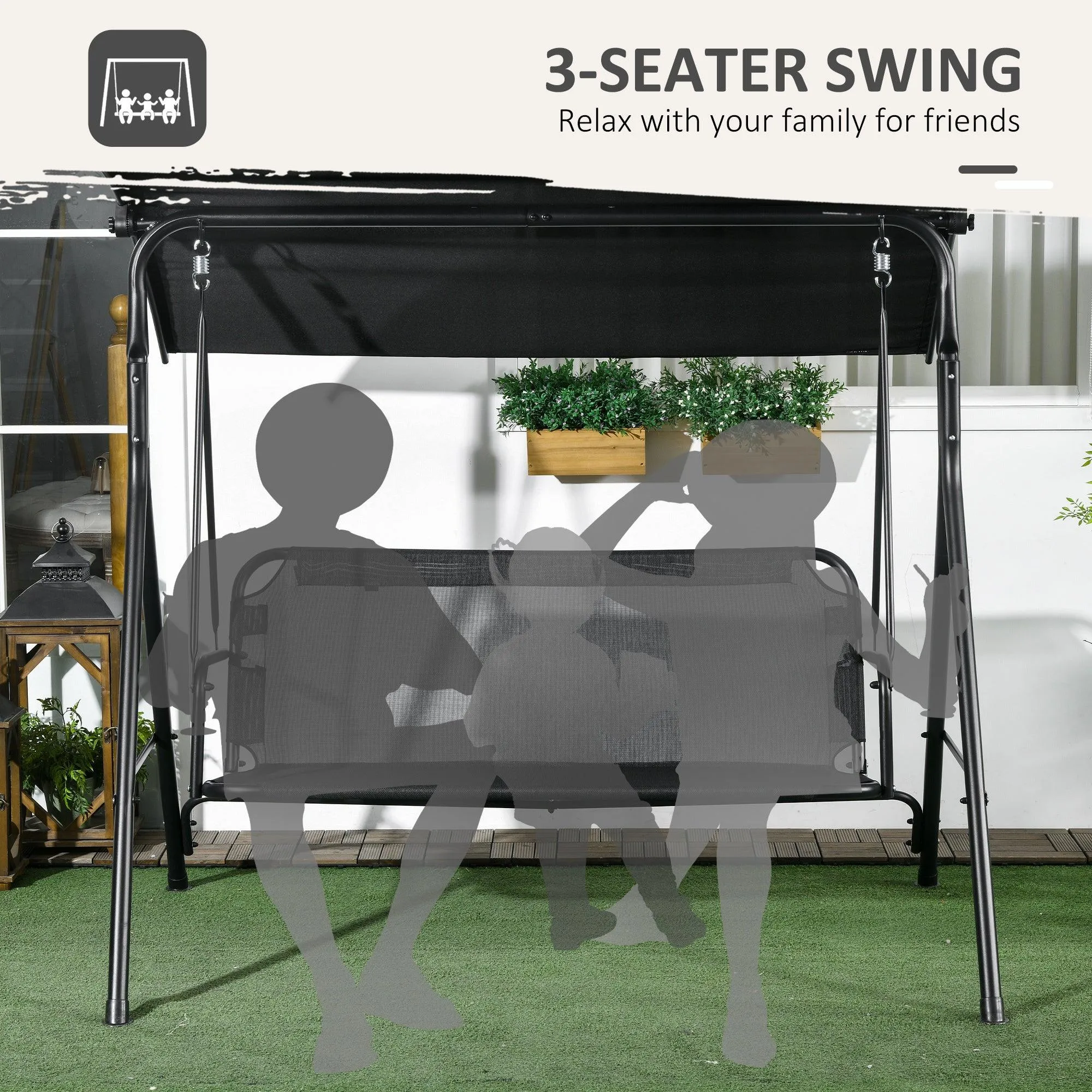 3-Seat Patio Swing Chair, Removable Cushion, Steel Frame, Adjustable Canopy, Black