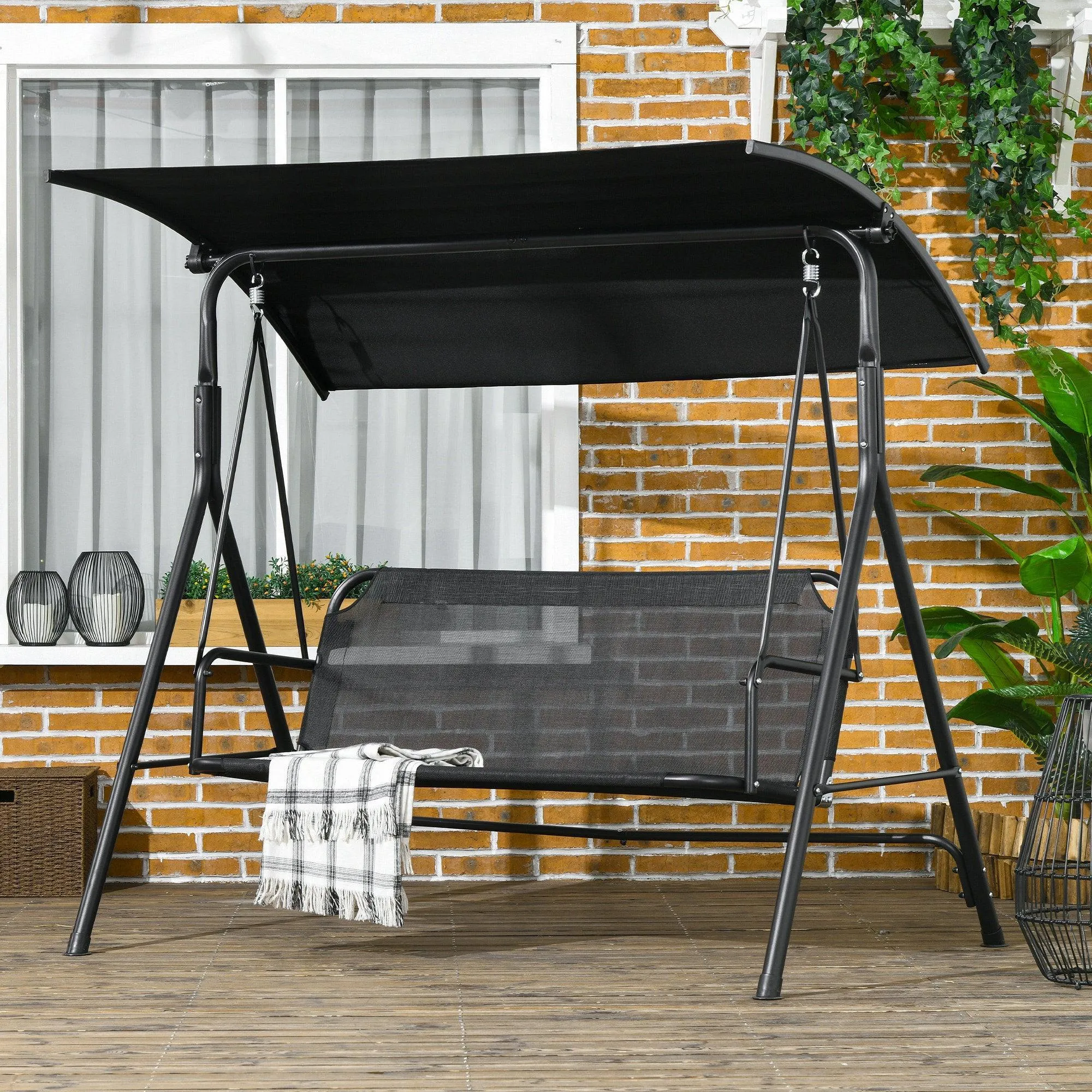 3-Seat Patio Swing Chair, Removable Cushion, Steel Frame, Adjustable Canopy, Black