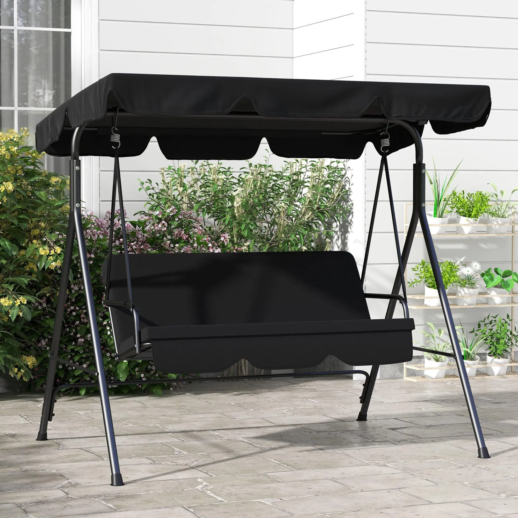 3-Seat Patio Swing Chair, Removable Cushion, Steel Frame, Adjustable Canopy, Black