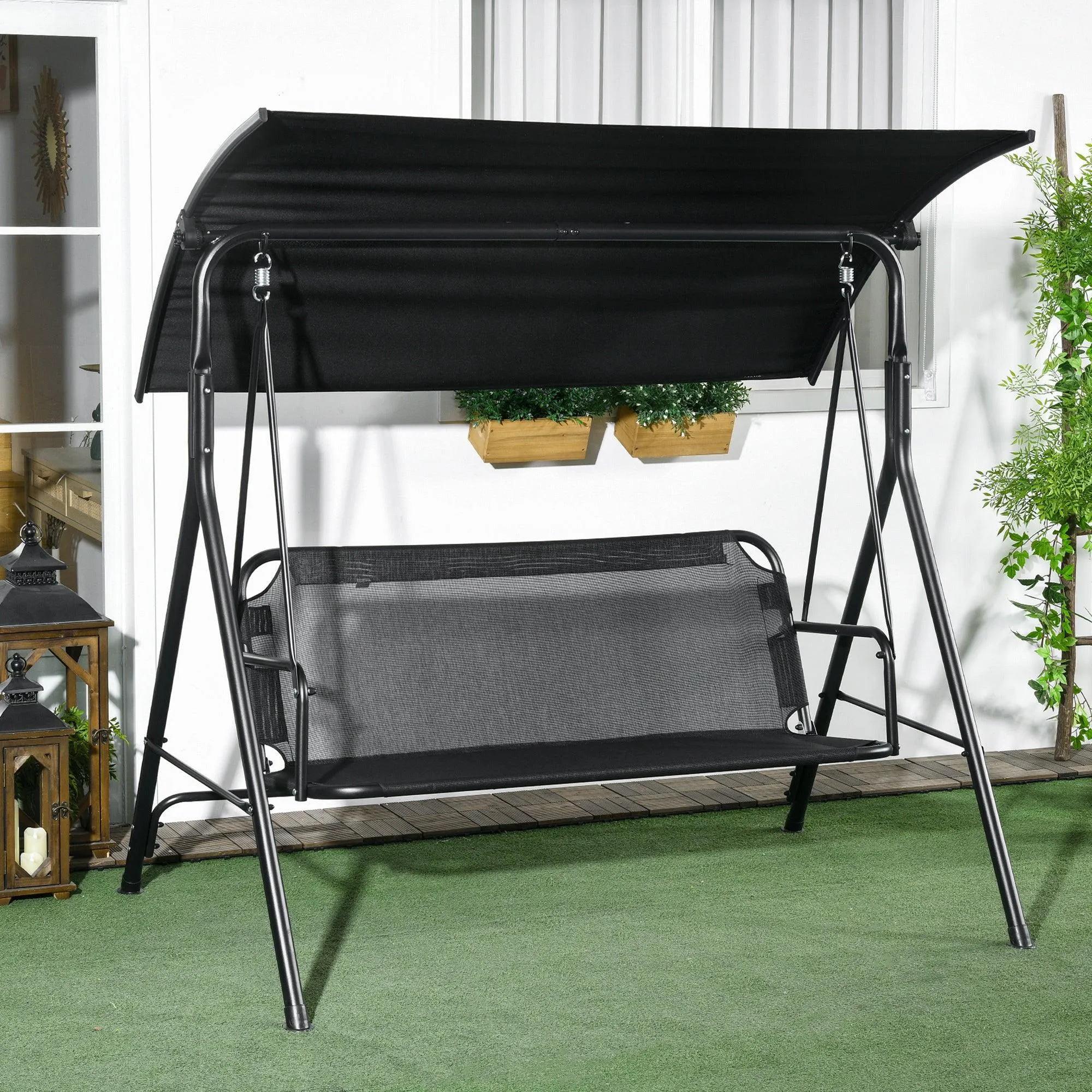 3-Seat Patio Swing Chair, Removable Cushion, Steel Frame, Adjustable Canopy, Black