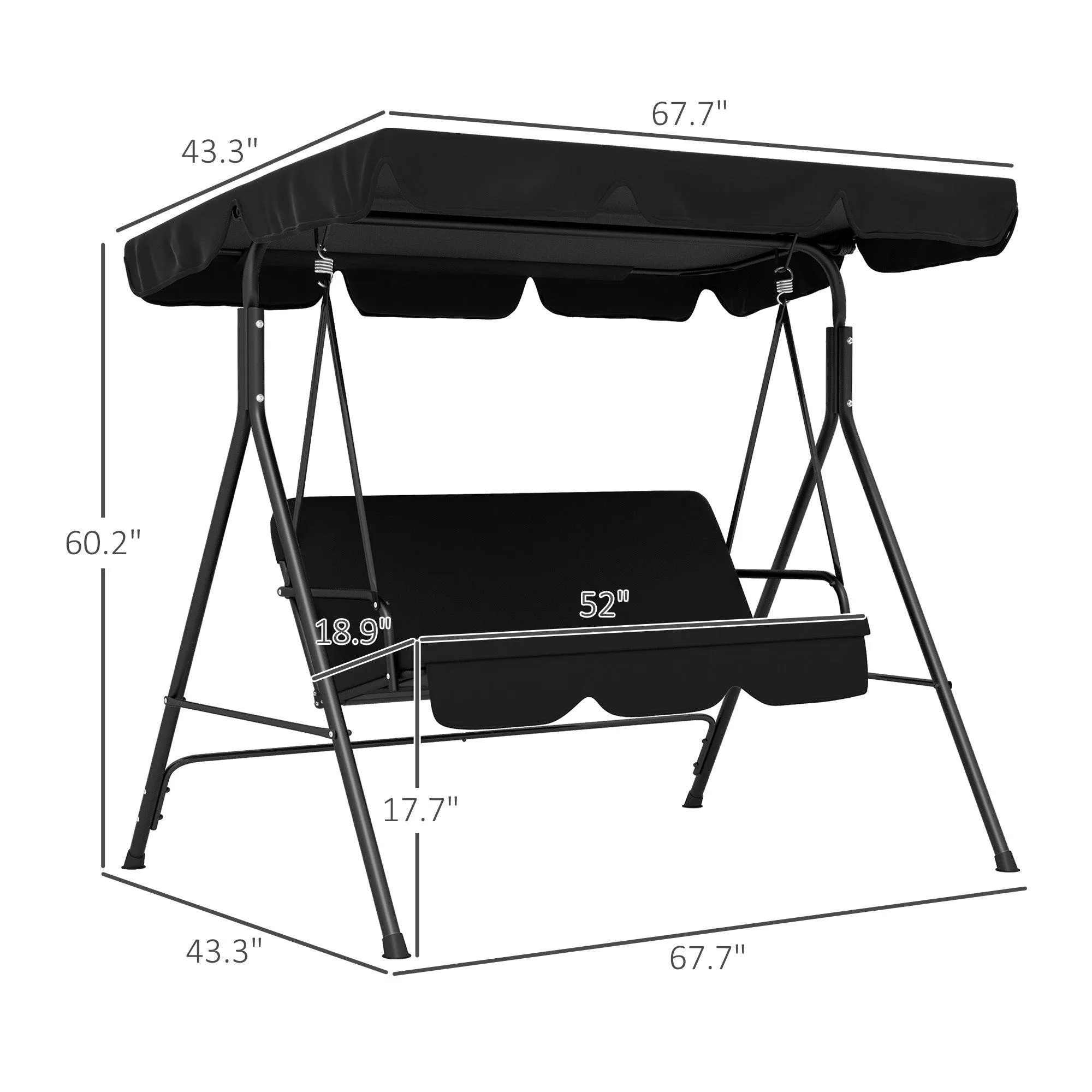 3-Seat Patio Swing Chair, Removable Cushion, Steel Frame, Adjustable Canopy, Black