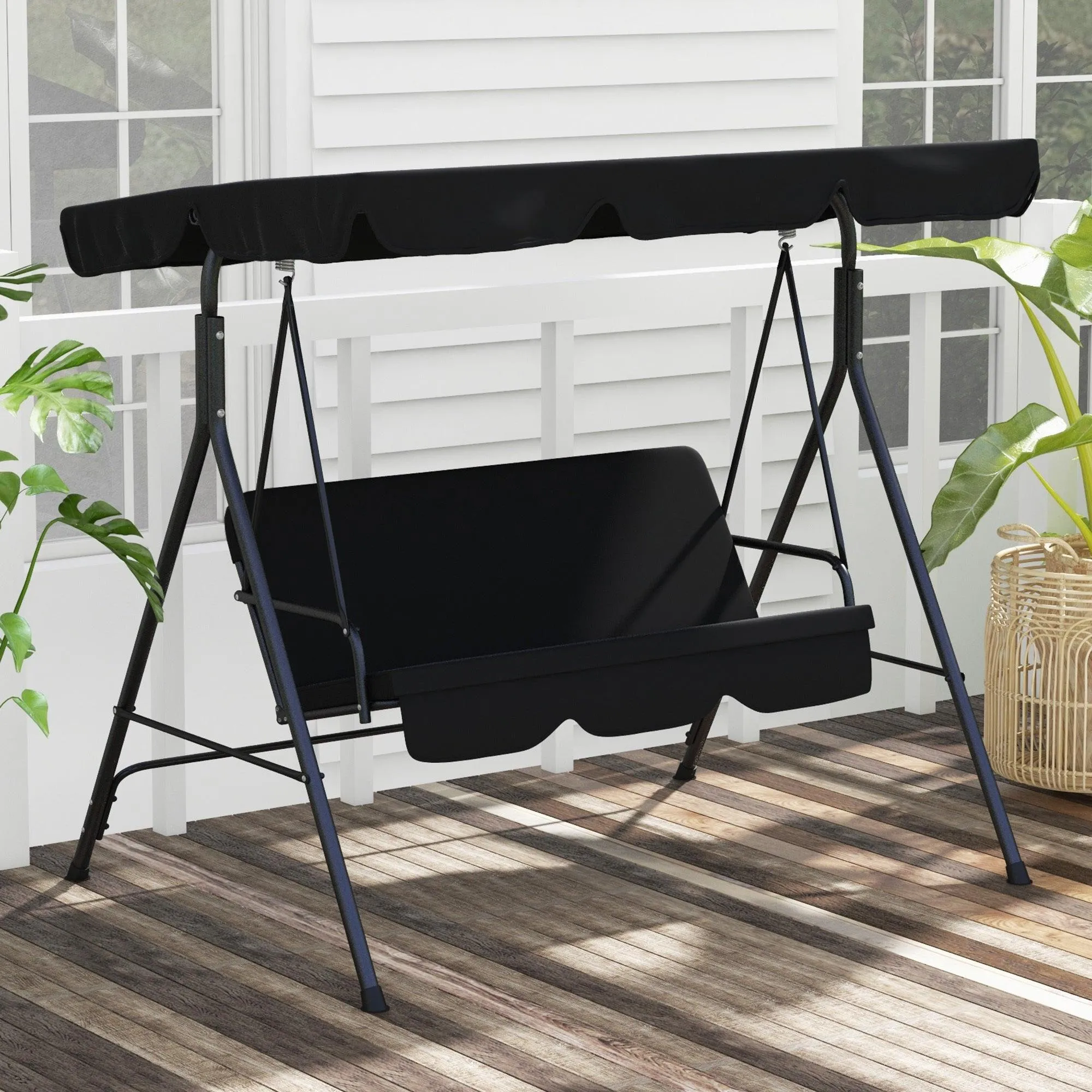 3-Seat Patio Swing Chair, Removable Cushion, Steel Frame, Adjustable Canopy, Black