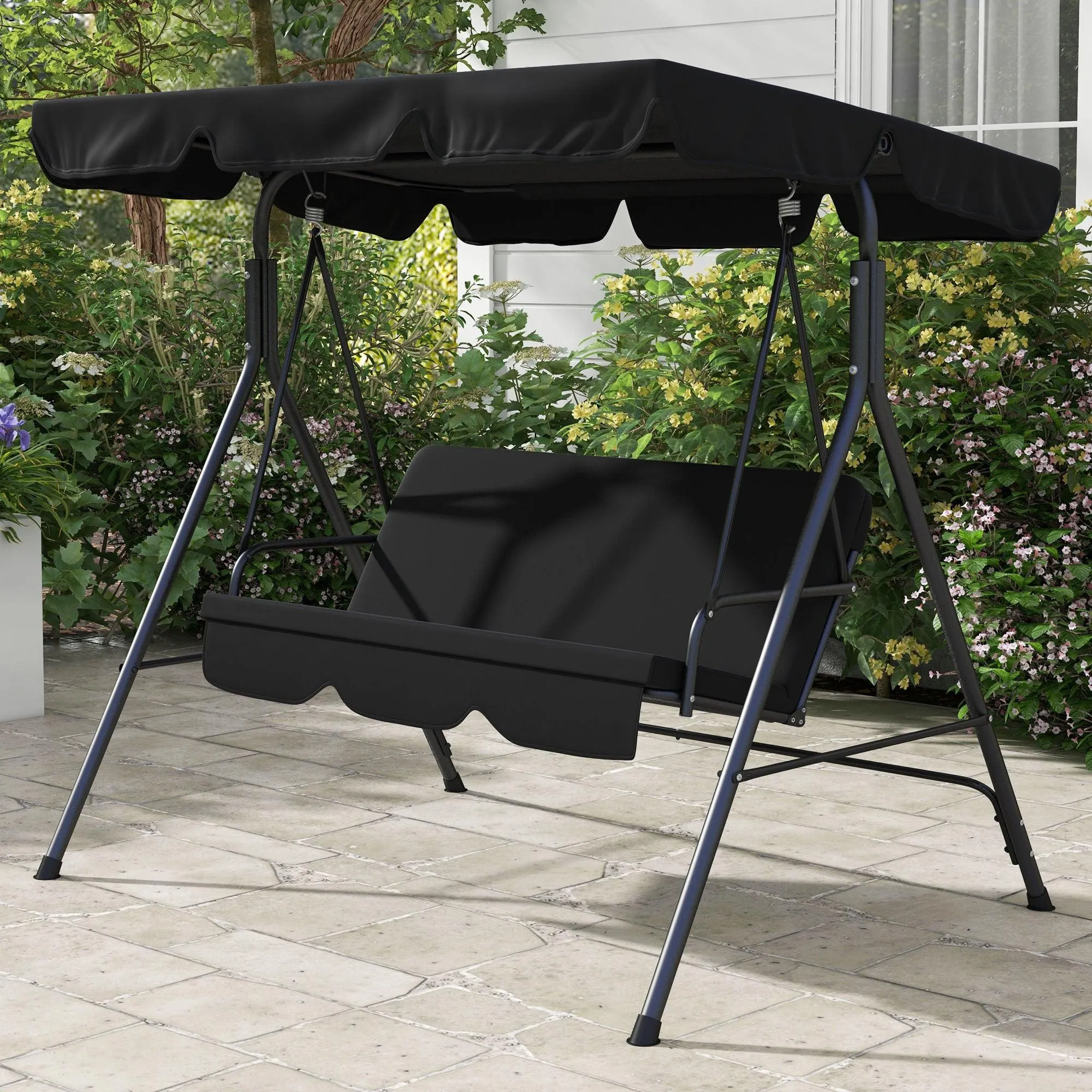 3-Seat Patio Swing Chair, Removable Cushion, Steel Frame, Adjustable Canopy, Black