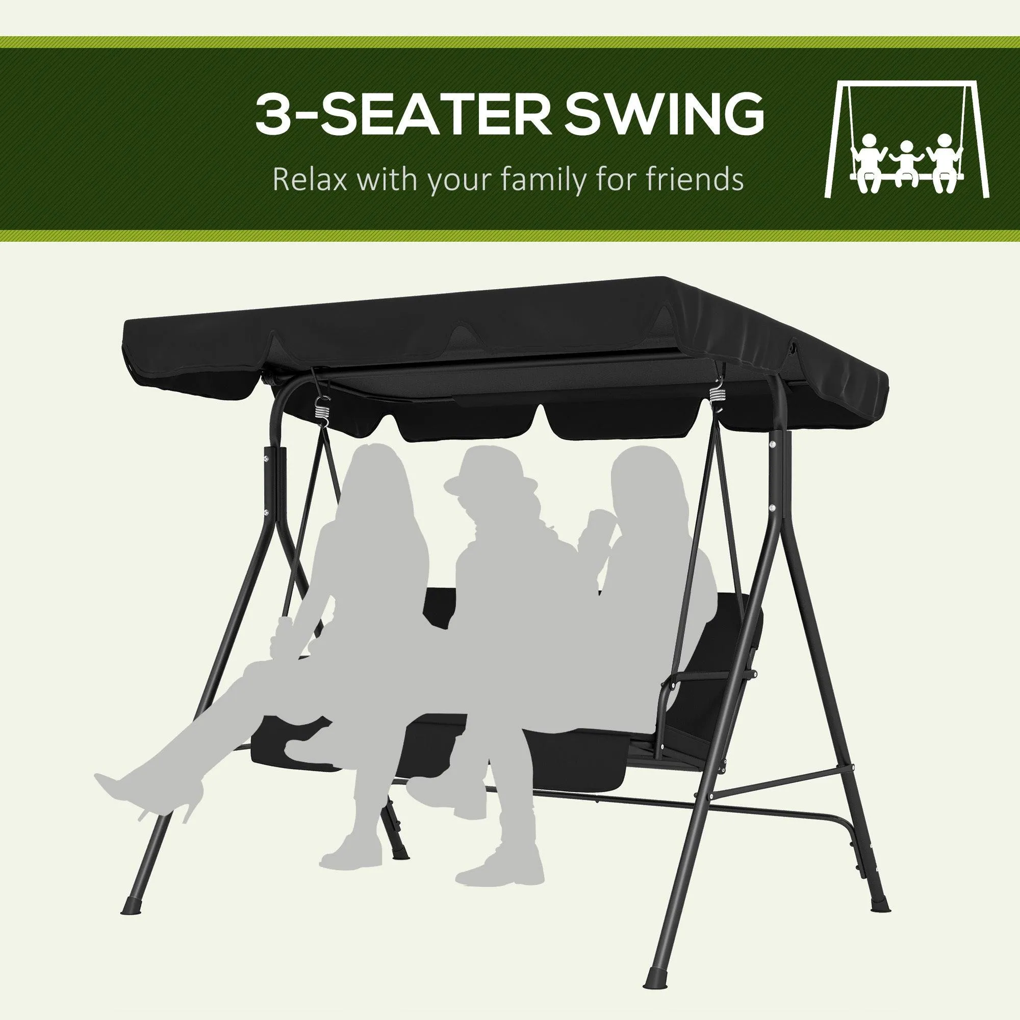 3-Seat Patio Swing Chair, Removable Cushion, Steel Frame, Adjustable Canopy, Black