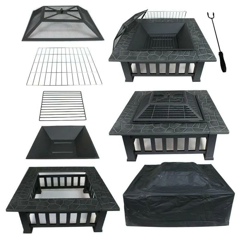 32 Inch Metal Portable Courtyard Fire Pit with Heating and Cooking Accessories