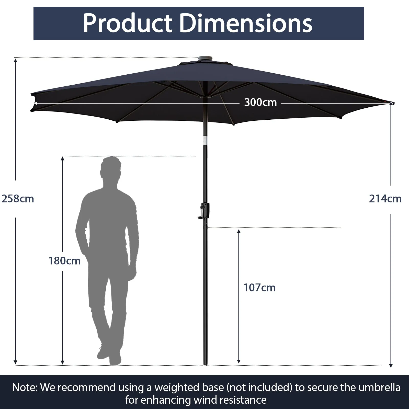 3m Patio Umbrella with 112 Solar Powered LED Lights and Crank Handle-Navy