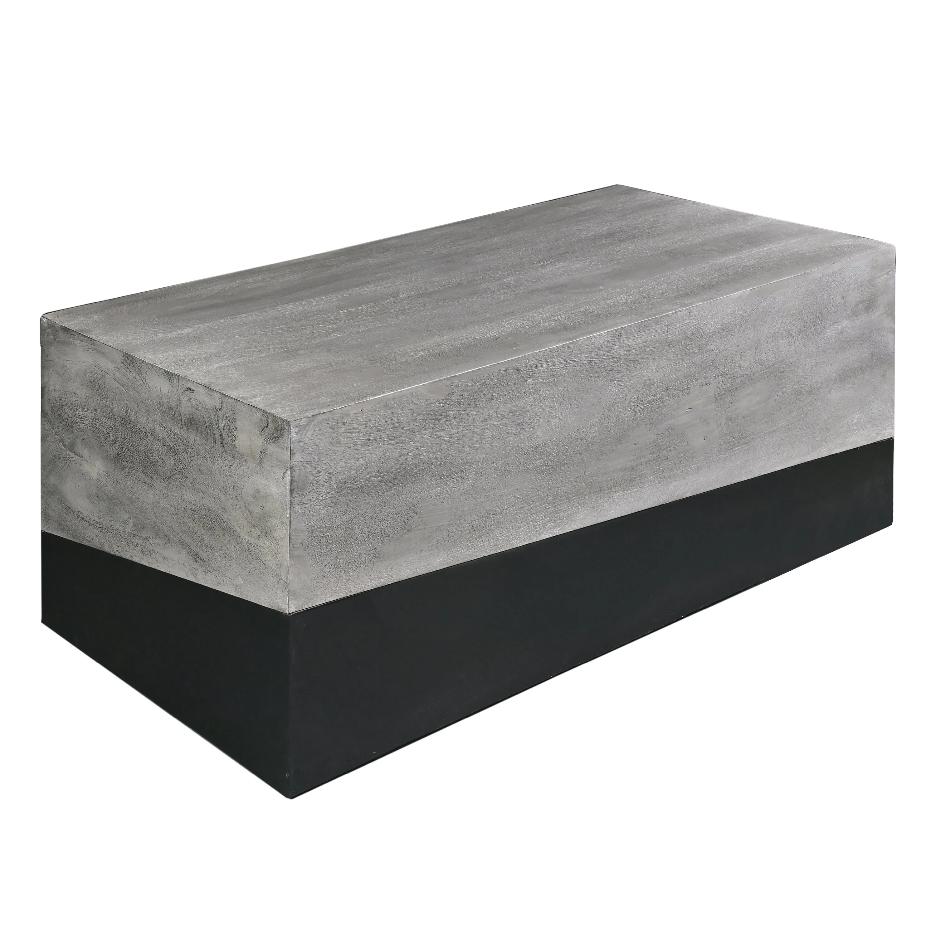 45 Inch Rectangular Mango Wood Coffee Table, Iron Base, Washed White and Black