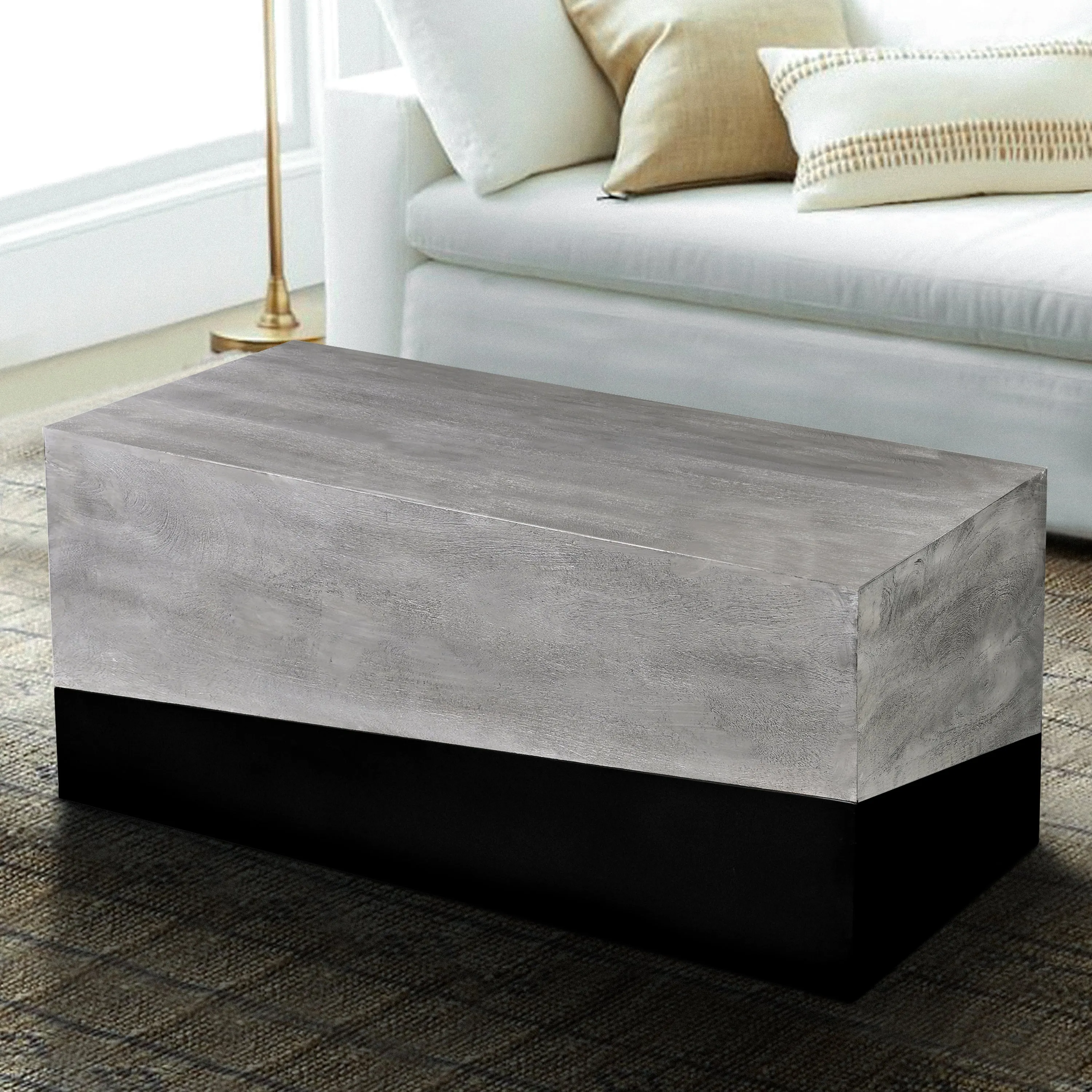 45 Inch Rectangular Mango Wood Coffee Table, Iron Base, Washed White and Black