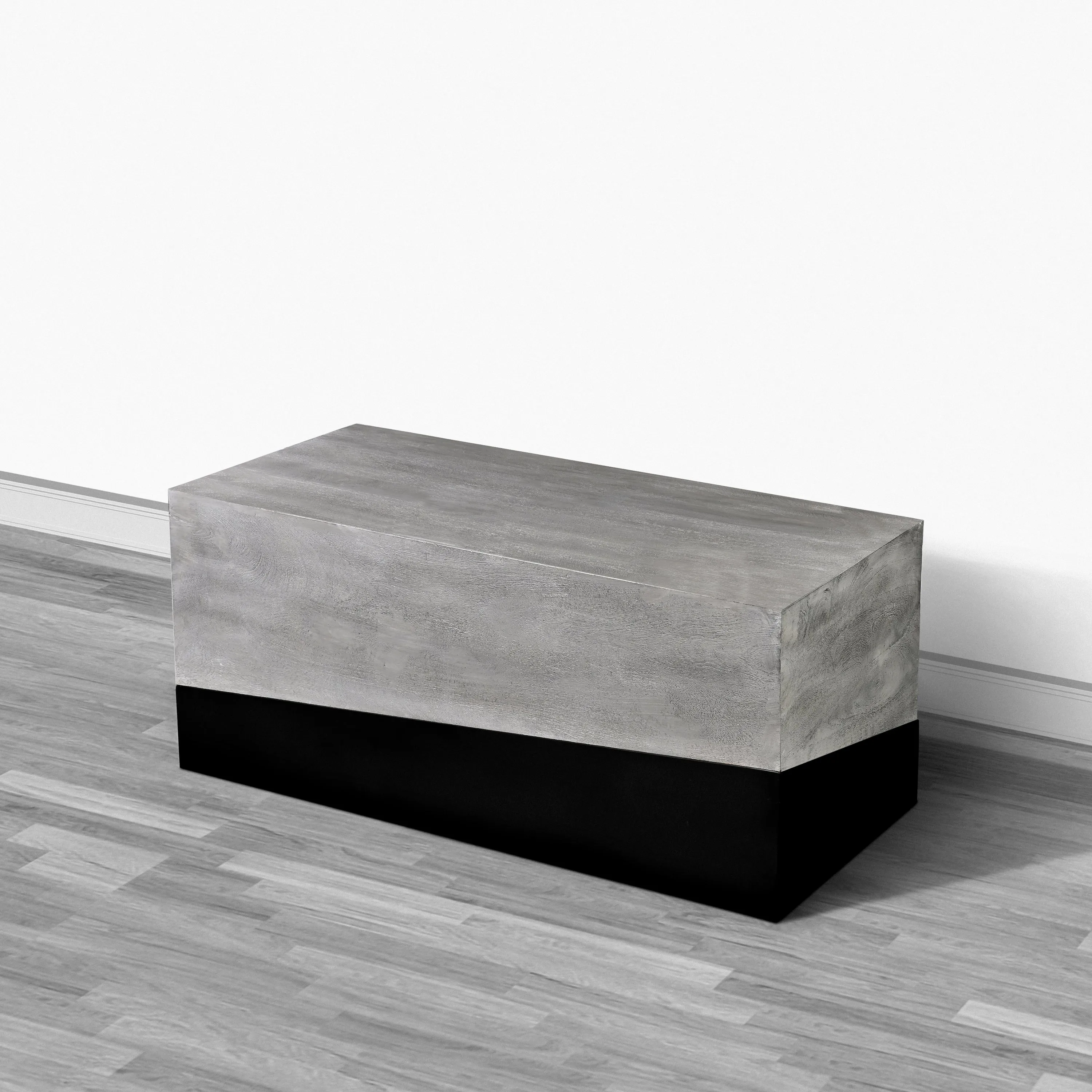 45 Inch Rectangular Mango Wood Coffee Table, Iron Base, Washed White and Black