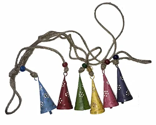 6 Metal Cone Bells Multicolor Hanging Wind Chime with Bells and Glass Beads for Outdoor & Indoor Hand Painted Bells Garland, 8 x 3 x 80 cm