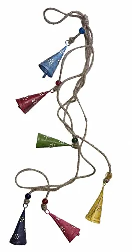 6 Metal Cone Bells Multicolor Hanging Wind Chime with Bells and Glass Beads for Outdoor & Indoor Hand Painted Bells Garland, 8 x 3 x 80 cm