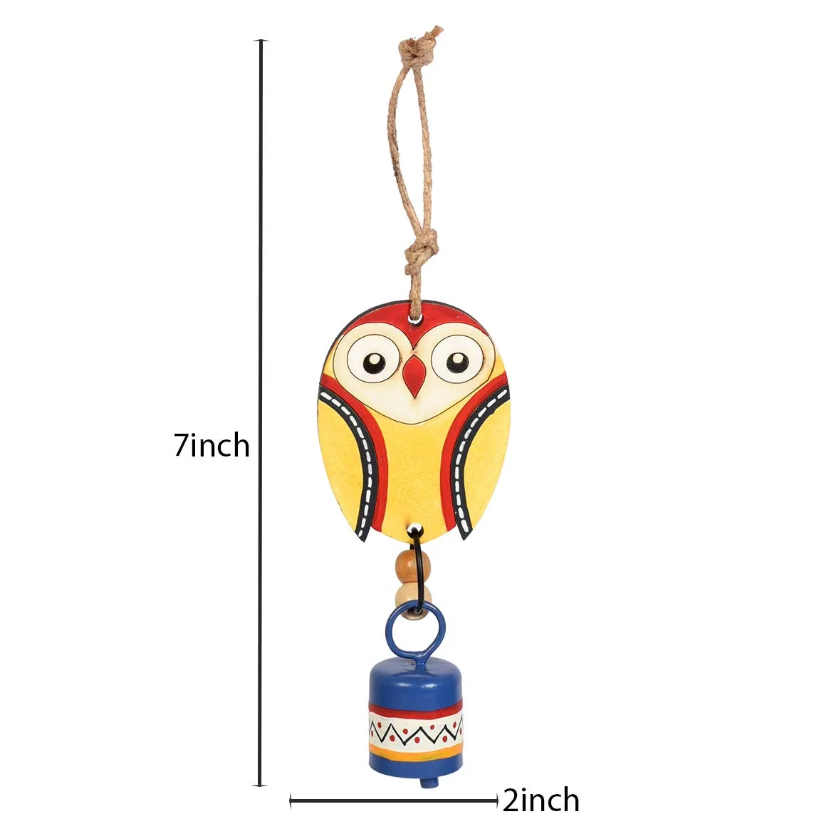 Aakriti Art Creations Hand-Painted Owl Wind Chime with Metal Bell, Yellow and Blue, 7 inches