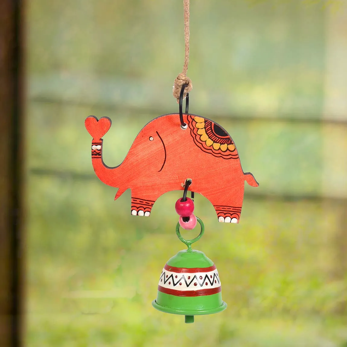 Aakriti Art Creations Handpainted Elephant Wind Chimes with Metal Bell for Outdoor Hanging and Home Decoration