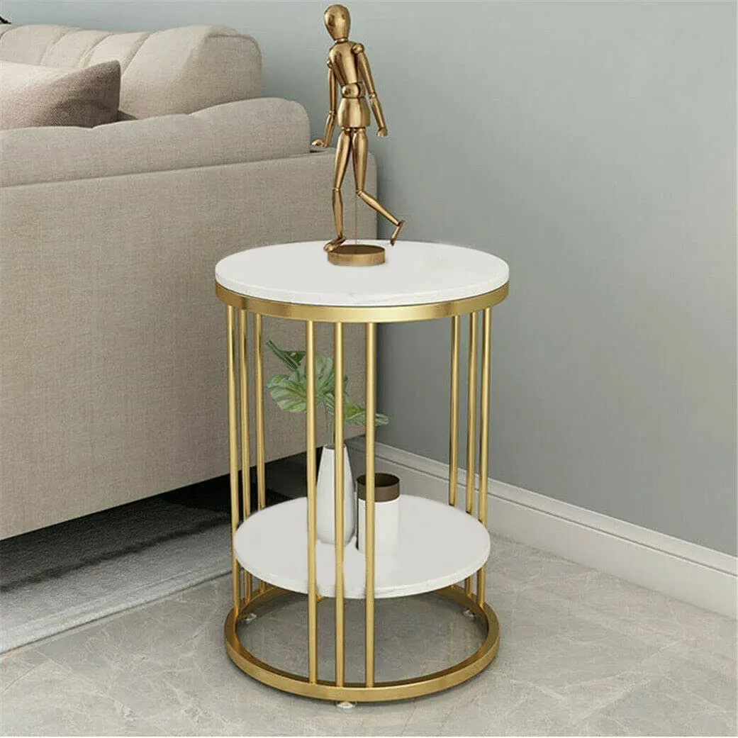 DDS Dream Decor Shoppee Farmhouse Accent Coffee Table Simple Modern Bedside Cabinet Small Round Table MDF Top Metal Table Living Room Sofa (Golden & White)