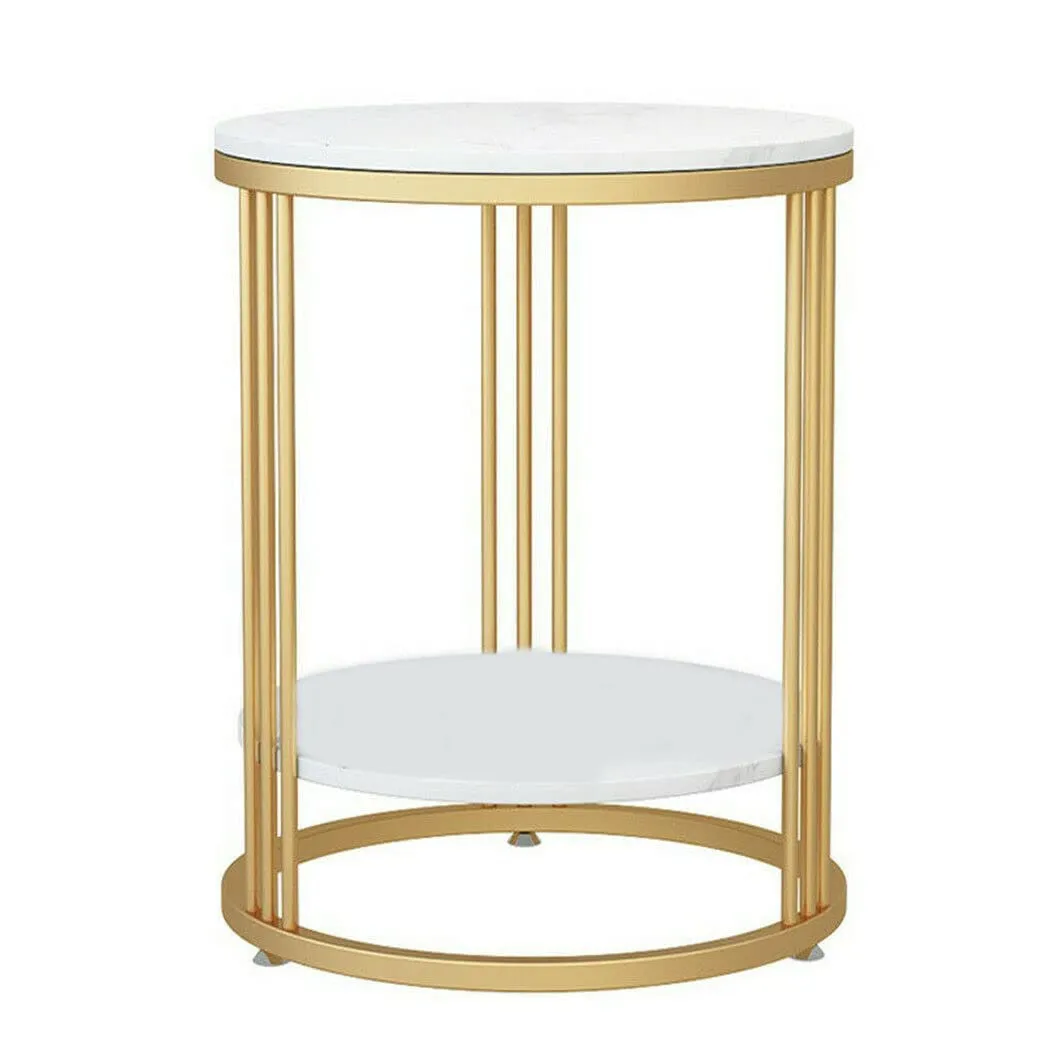 DDS Dream Decor Shoppee Farmhouse Accent Coffee Table Simple Modern Bedside Cabinet Small Round Table MDF Top Metal Table Living Room Sofa (Golden & White)