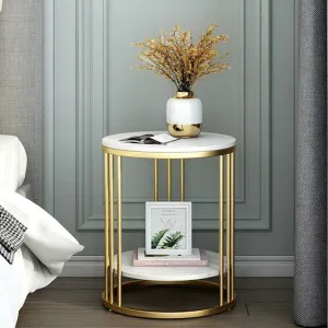 DDS Dream Decor Shoppee Farmhouse Accent Coffee Table Simple Modern Bedside Cabinet Small Round Table MDF Top Metal Table Living Room Sofa (Golden & White)