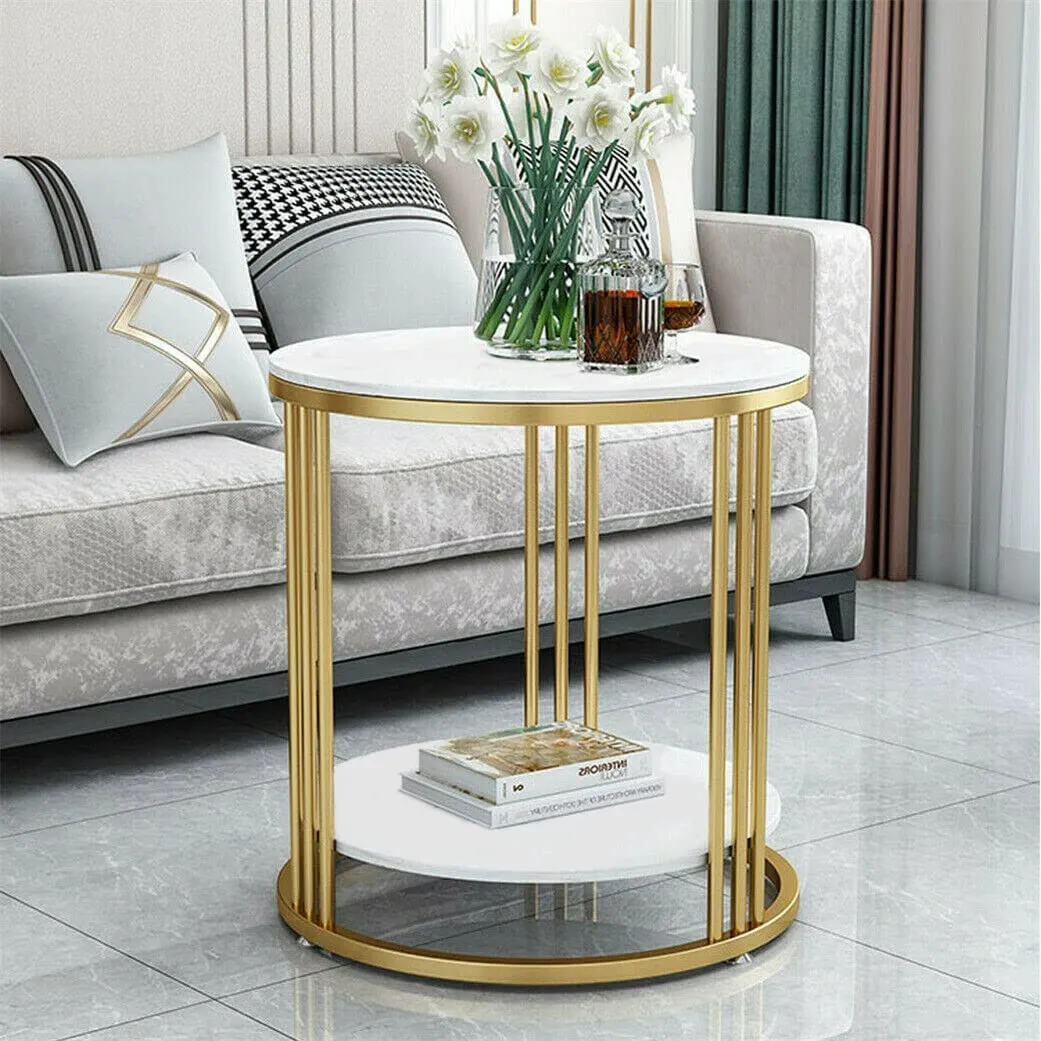 DDS Dream Decor Shoppee Farmhouse Accent Coffee Table Simple Modern Bedside Cabinet Small Round Table MDF Top Metal Table Living Room Sofa (Golden & White)