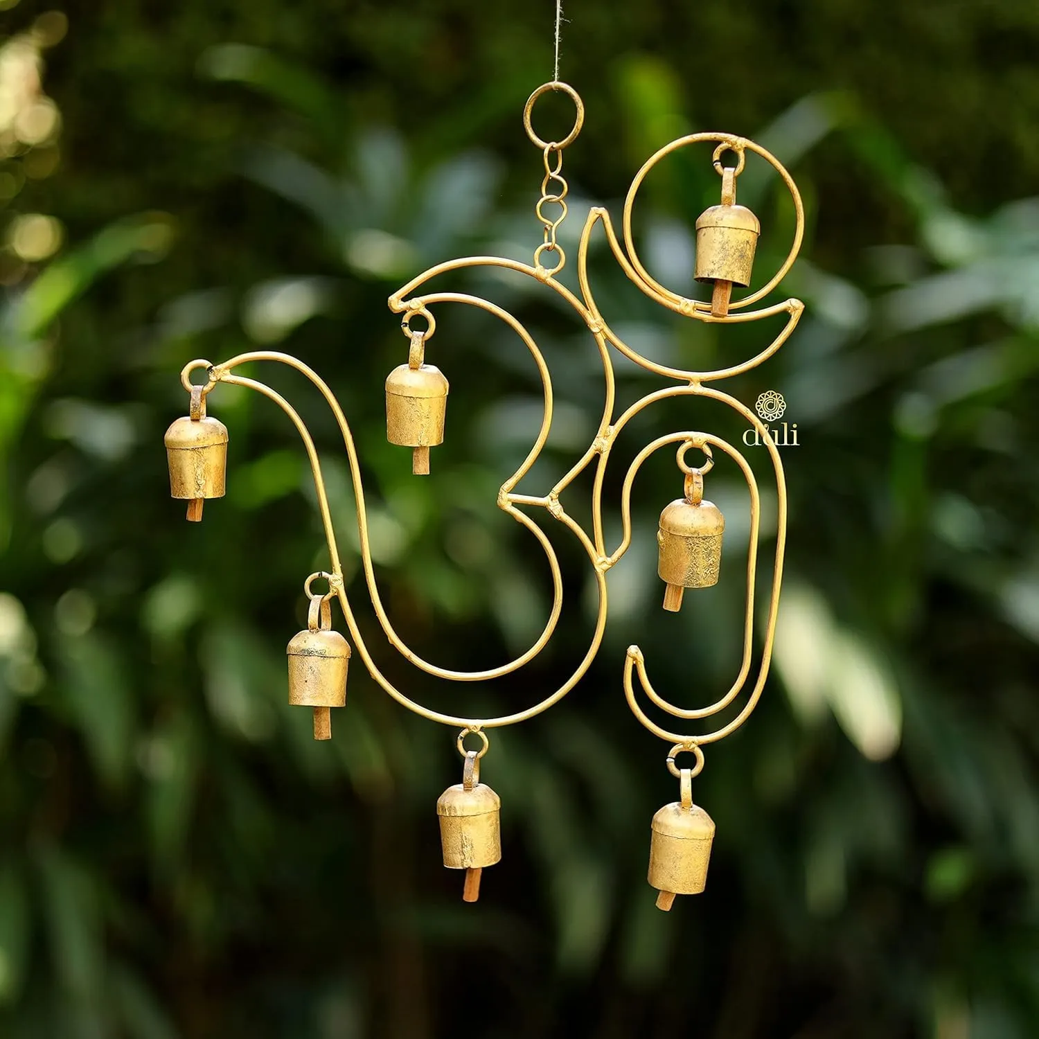 DULI Metal Windchime Wall Hanging, Feng Shui, Wall Art, Wall Decor, PositiveVibes, Elegant OM Wall Hanging: Gold Painted Metal Design with 7 Cowbells - 13x10 Inches (BigMetalOM: 13x10 Inches)