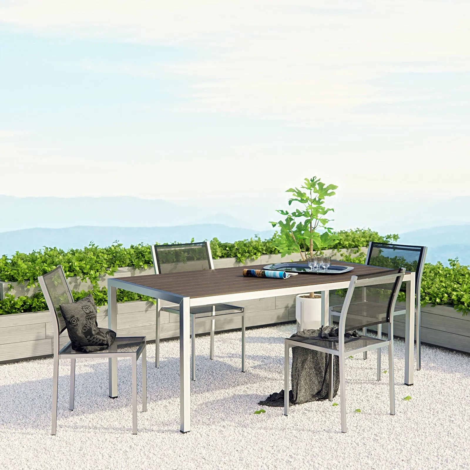 Durable Shore Outdoor Patio Aluminum Dining Room Sets In Silver Black - 5 Piece