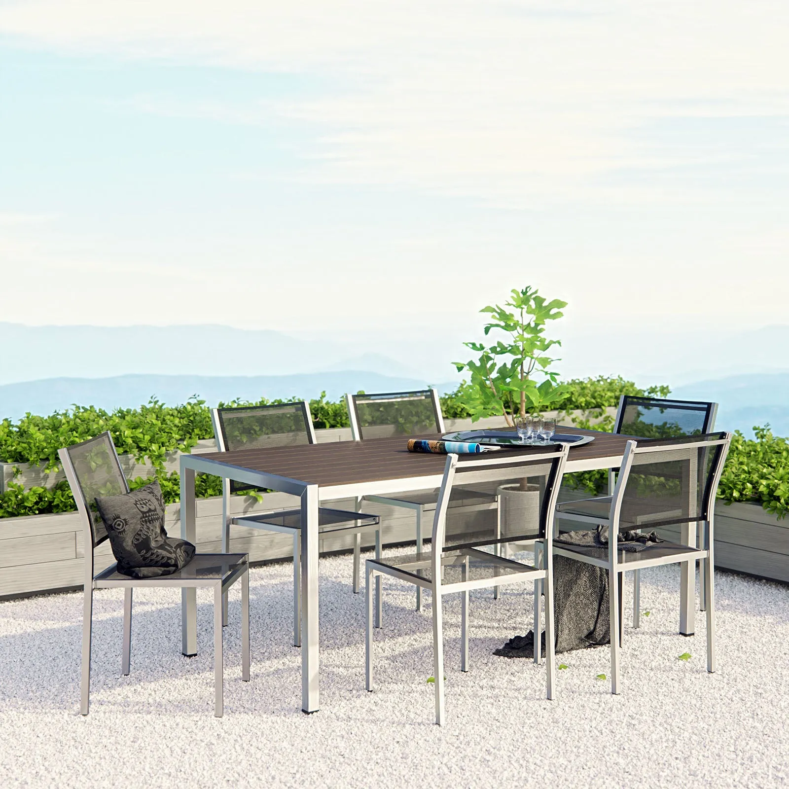 Durable Shore Outdoor Patio Aluminum Dining Room Sets In Silver Black - 5 Piece