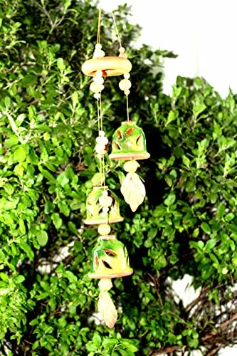 ESVAR STONECRAFT Present A Terracotta Ceramic Coated Green Wind Chimes with (Three Bells) of Ring Design Handmade Craft with Melodious Sound Bells.( Size :- 36 cm Long )