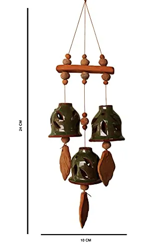 ESVAR STONECRAFT Terracotta Ceramic Coated Green Wind Chimes with Three Bells of Straight Design Handmade Craft with Melodious Sound Bells.(24 cm Long)