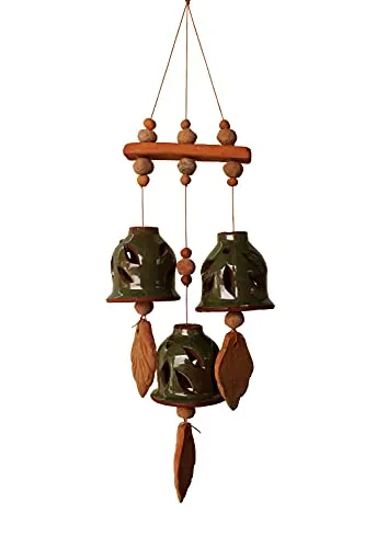 ESVAR STONECRAFT Terracotta Ceramic Coated Green Wind Chimes with Three Bells of Straight Design Handmade Craft with Melodious Sound Bells.(24 cm Long)