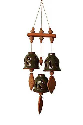 ESVAR STONECRAFT Terracotta Ceramic Coated Green Wind Chimes with Three Bells of Straight Design Handmade Craft with Melodious Sound Bells.(24 cm Long)