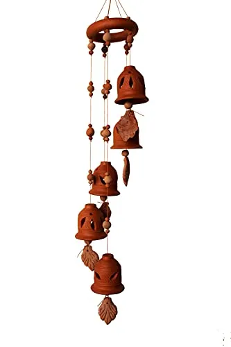 ESVAR STONECRAFT Terracotta Natural Colour Ring Design Wind Chain of (Five Bell) with Great Melodious Sound 60CM Long