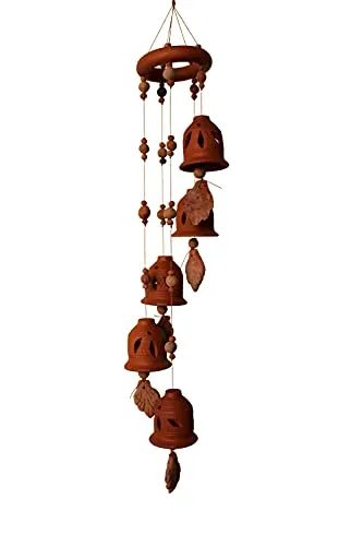 ESVAR STONECRAFT Terracotta Natural Colour Ring Design Wind Chain of (Five Bell) with Great Melodious Sound 60CM Long