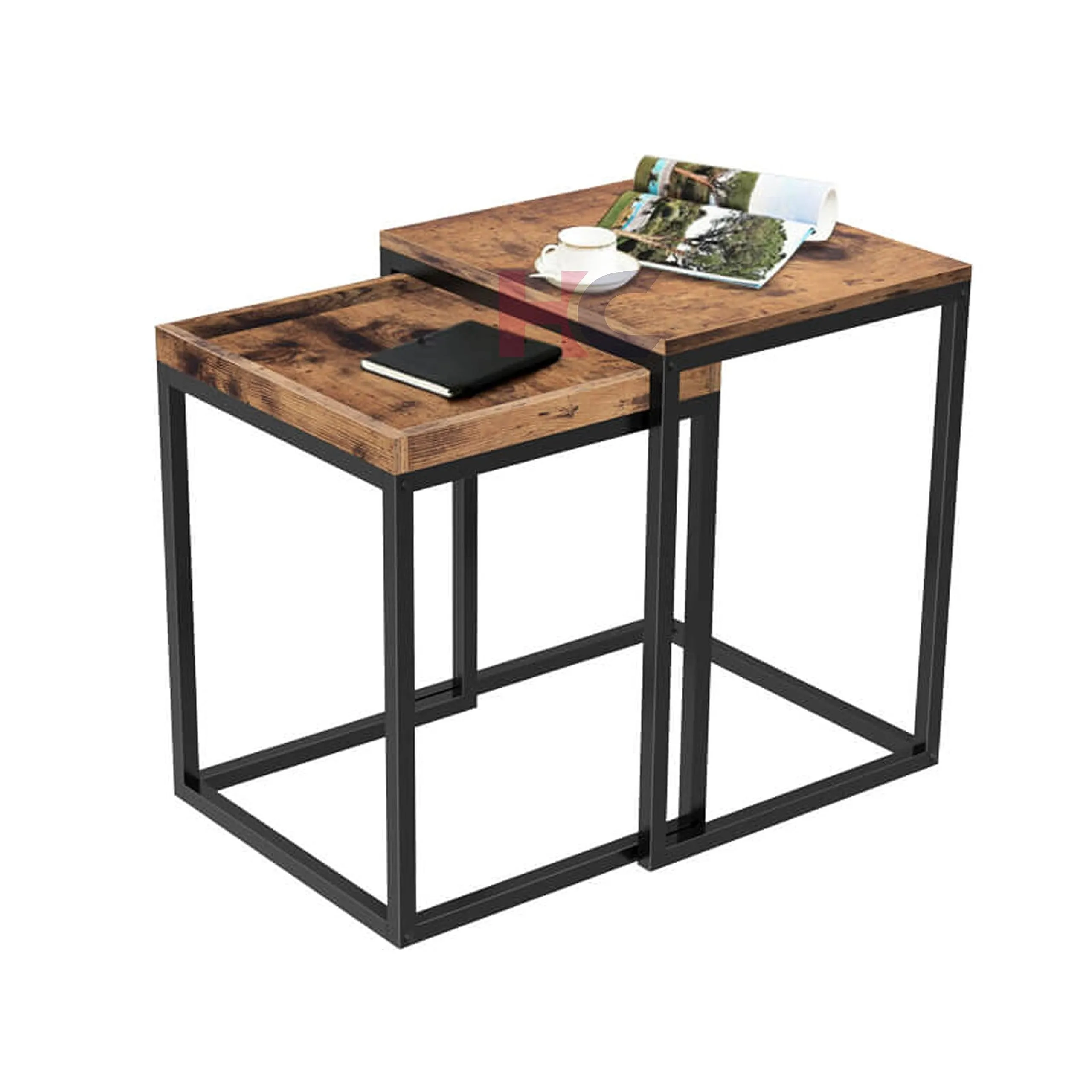 Hamdan Nesting Coffee Tables Set for Living Room Modern Wood Solid Pine Tables Sofa Side Nest of Tables-Black Brown