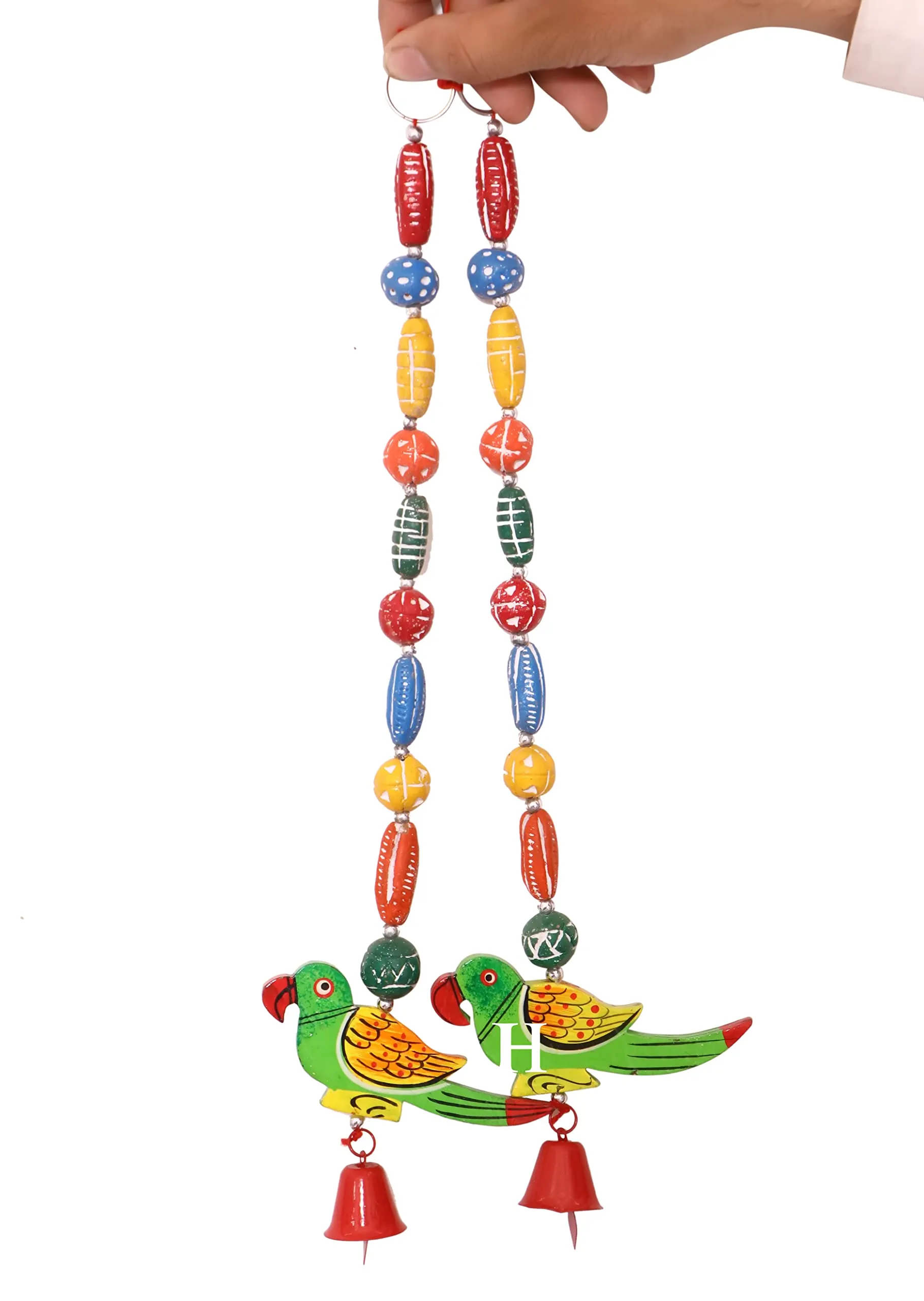 Jtku Handicraft Home Decorative Wood Parrot Hanging Cum Outdoor Garden 1 Bells Wind Chime (Multi Colour) Set of 2 Pieces