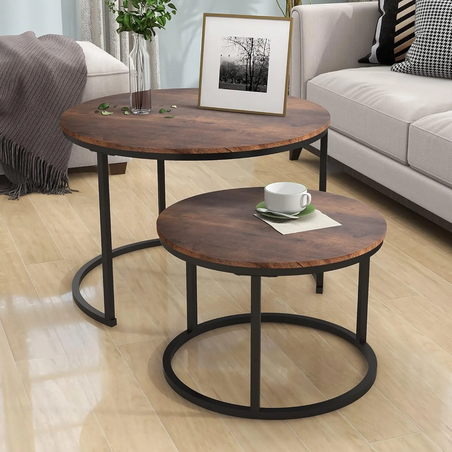 LIVE TOUCH Round Coffee Table Set of 2 End Table for Living Room,Stacking Side Tables, Sturdy and Easy Assembly,Wood Look Accent Furniture with Metal Frame (Black Walnut)