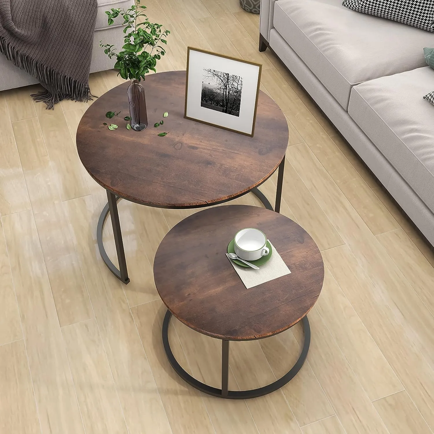 LIVE TOUCH Round Coffee Table Set of 2 End Table for Living Room,Stacking Side Tables, Sturdy and Easy Assembly,Wood Look Accent Furniture with Metal Frame (Black Walnut)