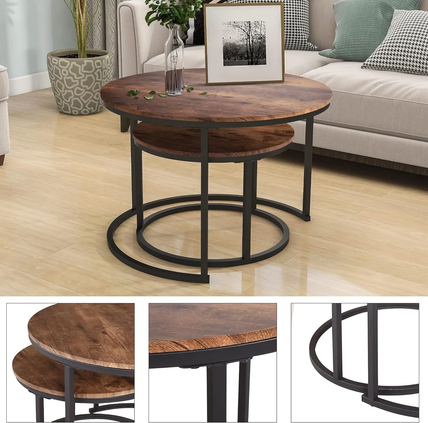 LIVE TOUCH Round Coffee Table Set of 2 End Table for Living Room,Stacking Side Tables, Sturdy and Easy Assembly,Wood Look Accent Furniture with Metal Frame (Black Walnut)