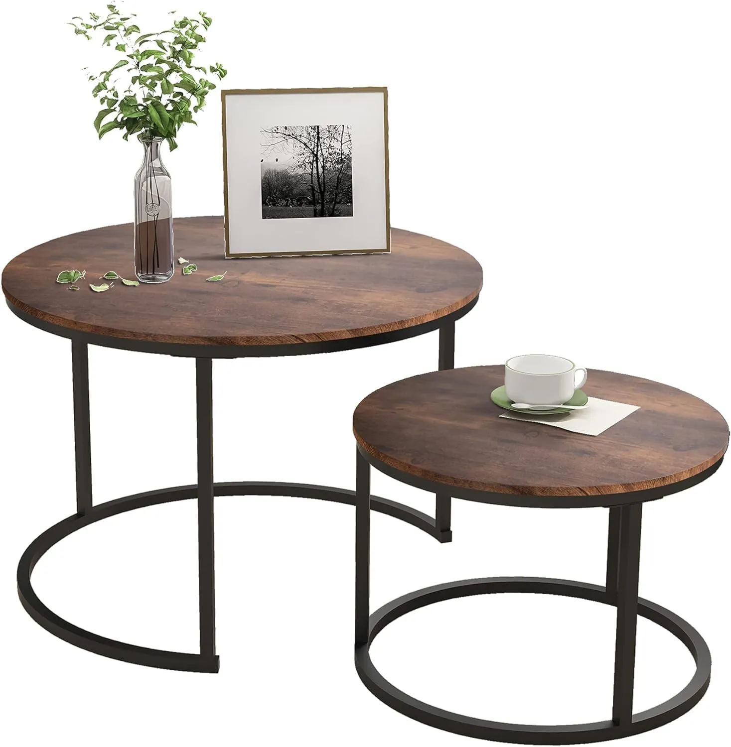 LIVE TOUCH Round Coffee Table Set of 2 End Table for Living Room,Stacking Side Tables, Sturdy and Easy Assembly,Wood Look Accent Furniture with Metal Frame (Black Walnut)