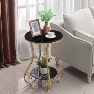 NAMRA ARTS Round Side Table with Gold Metal Frame, 2 Tier Coffee, Living Room Bedroom 19.68''x24.8'' (Golden Pathi Black)