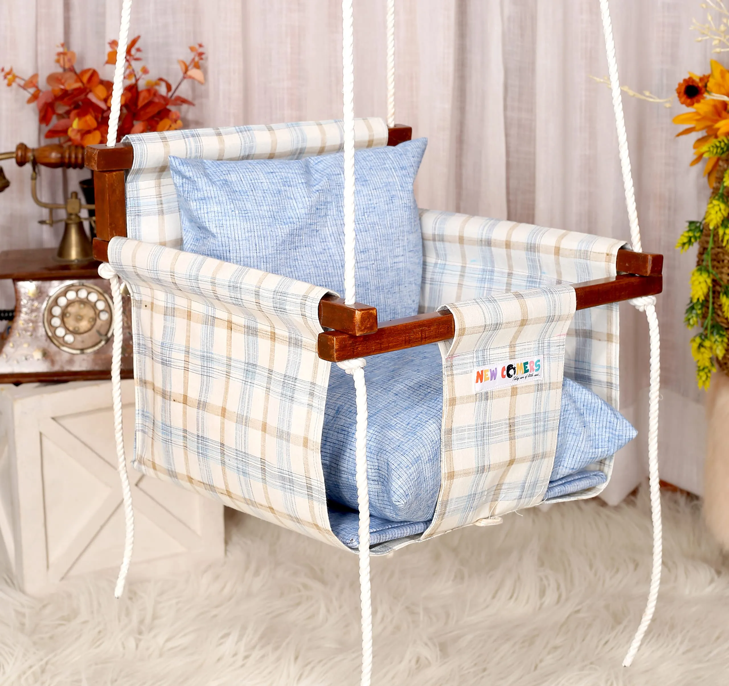 NEW COMERS Cotton Swing For Kids|Jhula For Kids|Jhula For Baby|Baby Swing Hanging Indoor Outdoor|Baby Garden Swing With 2 Pillows (6 Months To 4 Years) (Up To 20 Kg)-Blue-Off White-911, 12 Inch