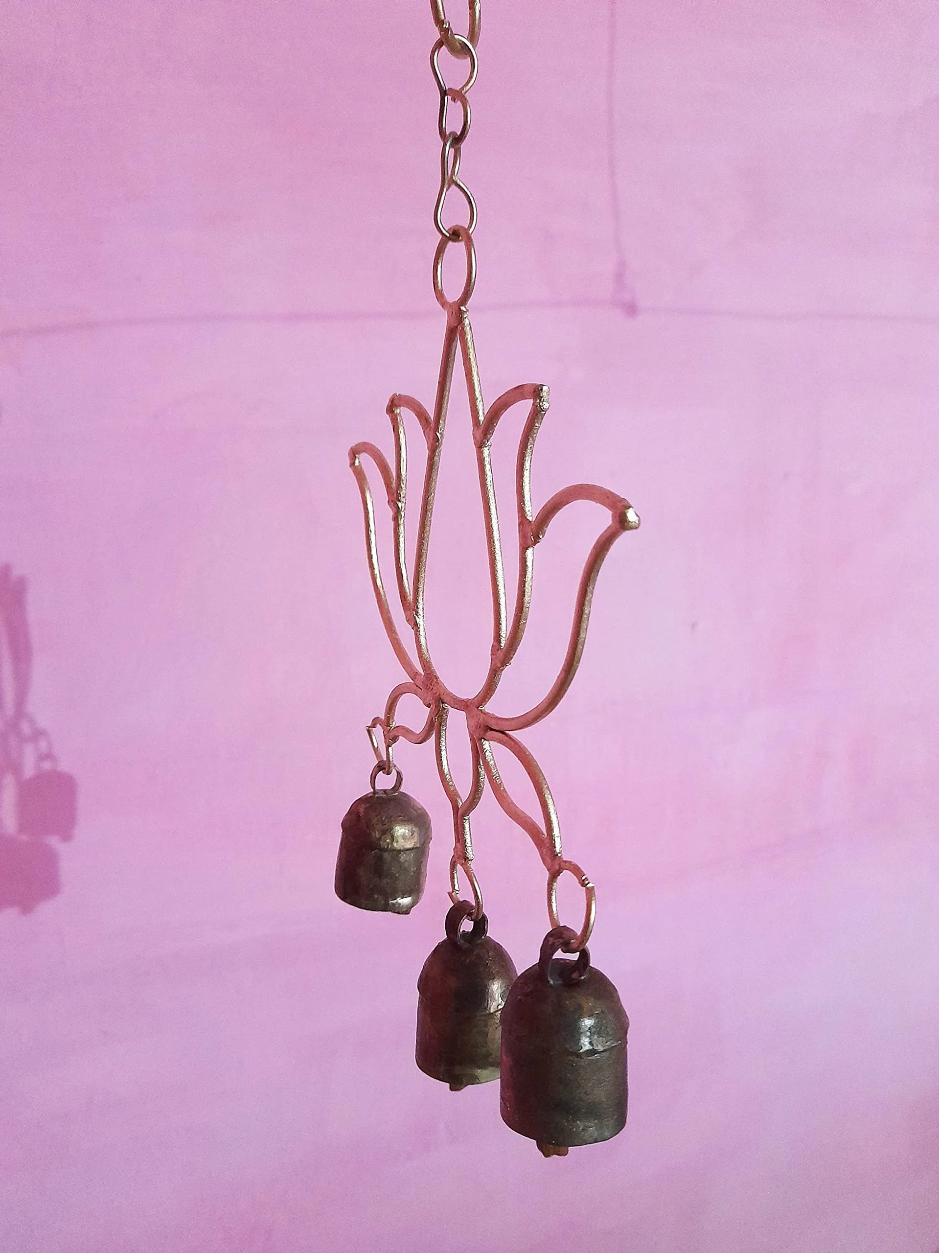 New Zummar House Handmade Beautiful Lotus Chime with 3 Copper Coated Kutch Metal Bells/Wind Chimes Bell/Gold Color Chime and Brown Bells