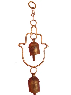 New Zummar House Handmade Hamsa Hand Chime with 2 Copper Coated Kutch Metal Bells/Wind Chimes Bell/Gold Color Chime and Brown Bells