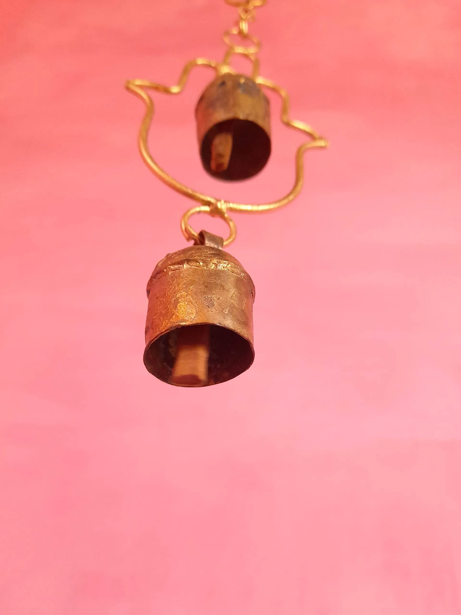 New Zummar House Handmade Hamsa Hand Chime with 2 Copper Coated Kutch Metal Bells/Wind Chimes Bell/Gold Color Chime and Brown Bells