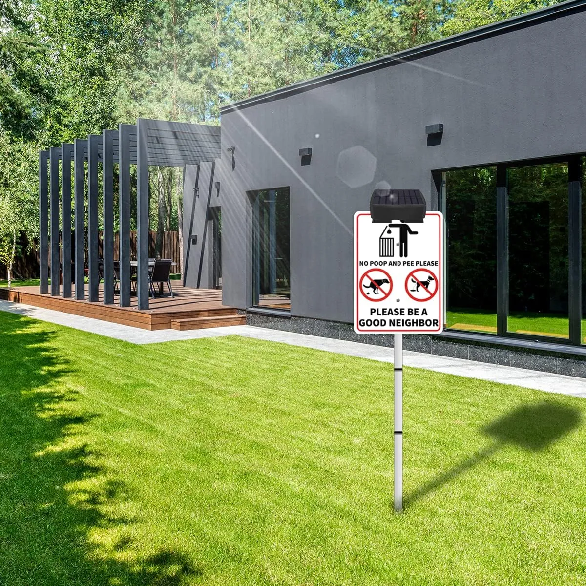 NO POOP Yard Warning Sign Solar Powered, Outdoor Rechargeable LED Illuminated Aluminum Sign with Stake, Reflective Outside Sign Light Up For Houses