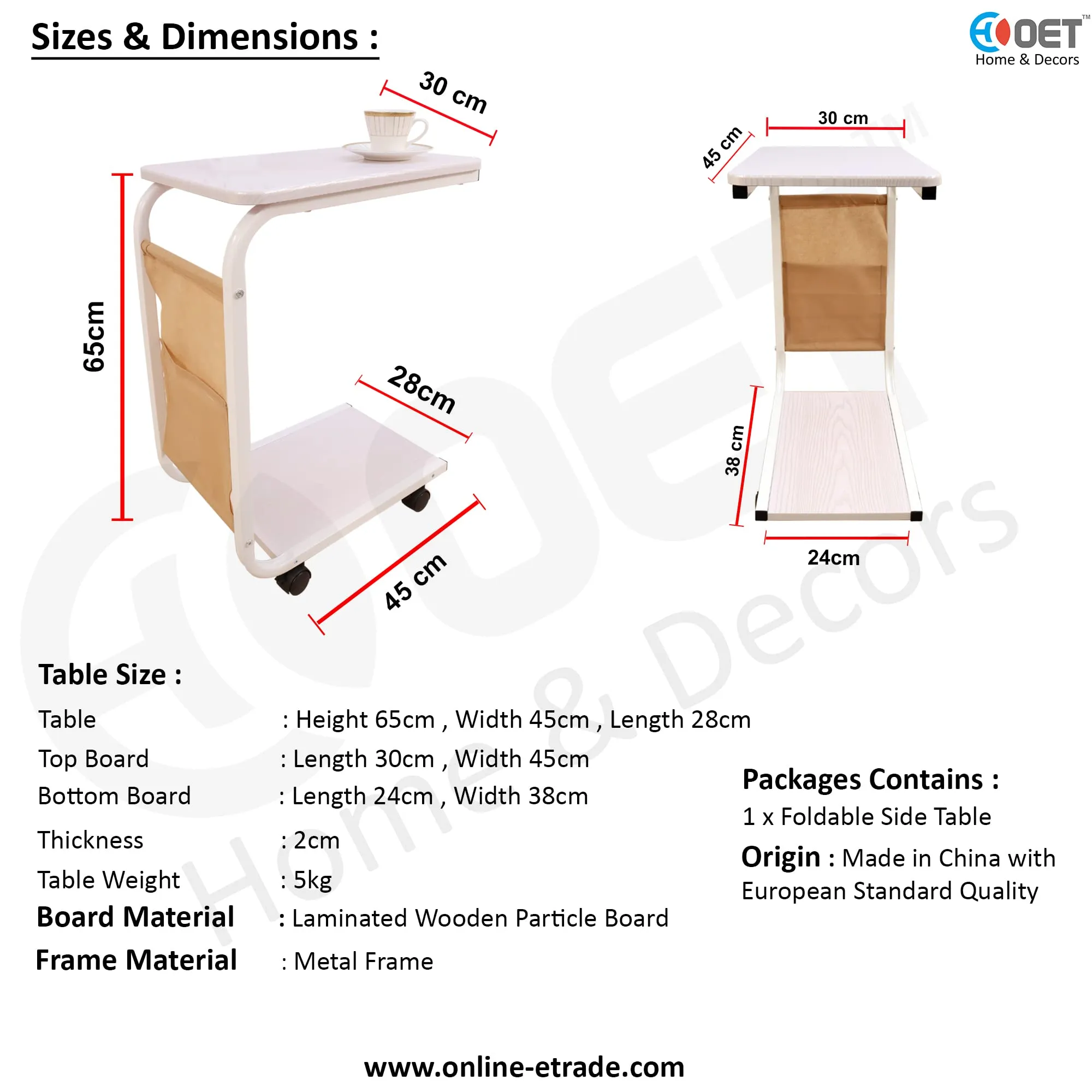 OET ® Wood, Metal Multipurpose Portable Bed Side Table/Study Table with Caster Wheels (ST04).