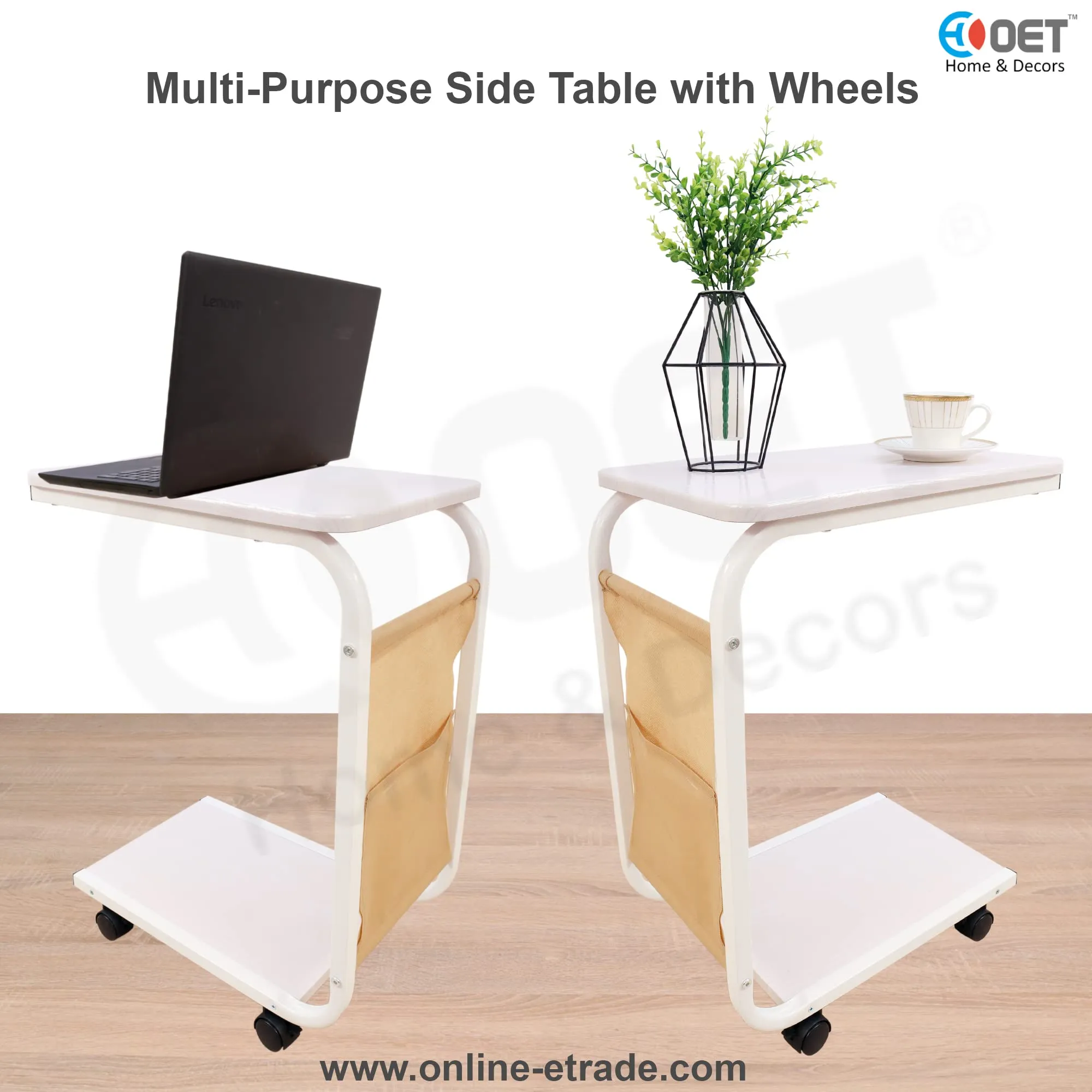 OET ® Wood, Metal Multipurpose Portable Bed Side Table/Study Table with Caster Wheels (ST04).