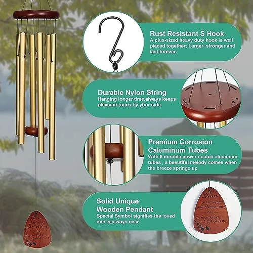 Paybox Memorial Wind Chime Outdoor Large Deep Tone Amazing Grace Wind-Chime with 6 Aluminum Tubes Elegant Melodic Sympathy Chimes Windbell Home&Garden Decor Patio Balcony Gift (6 Tubes)