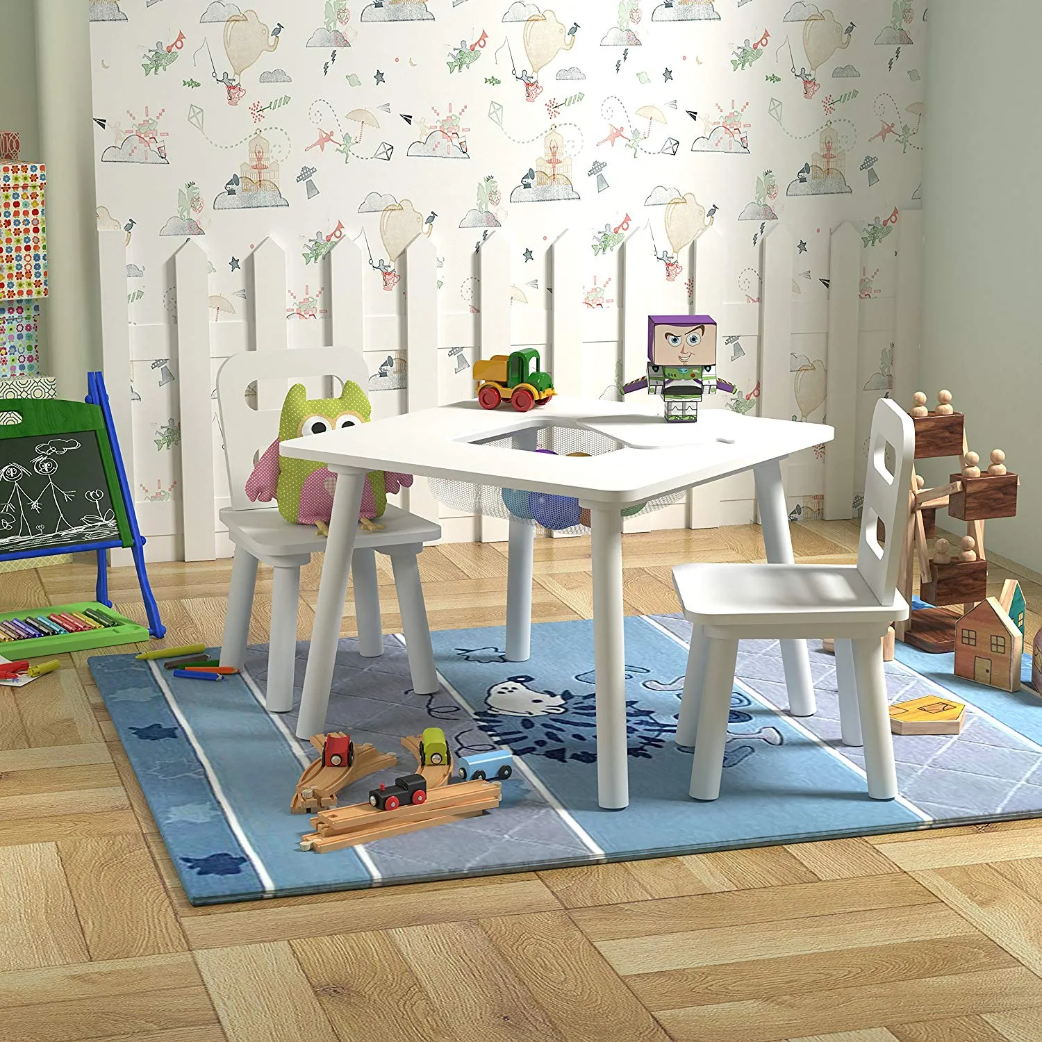 Pidoko Kids Table and Chairs Set with Storage, White