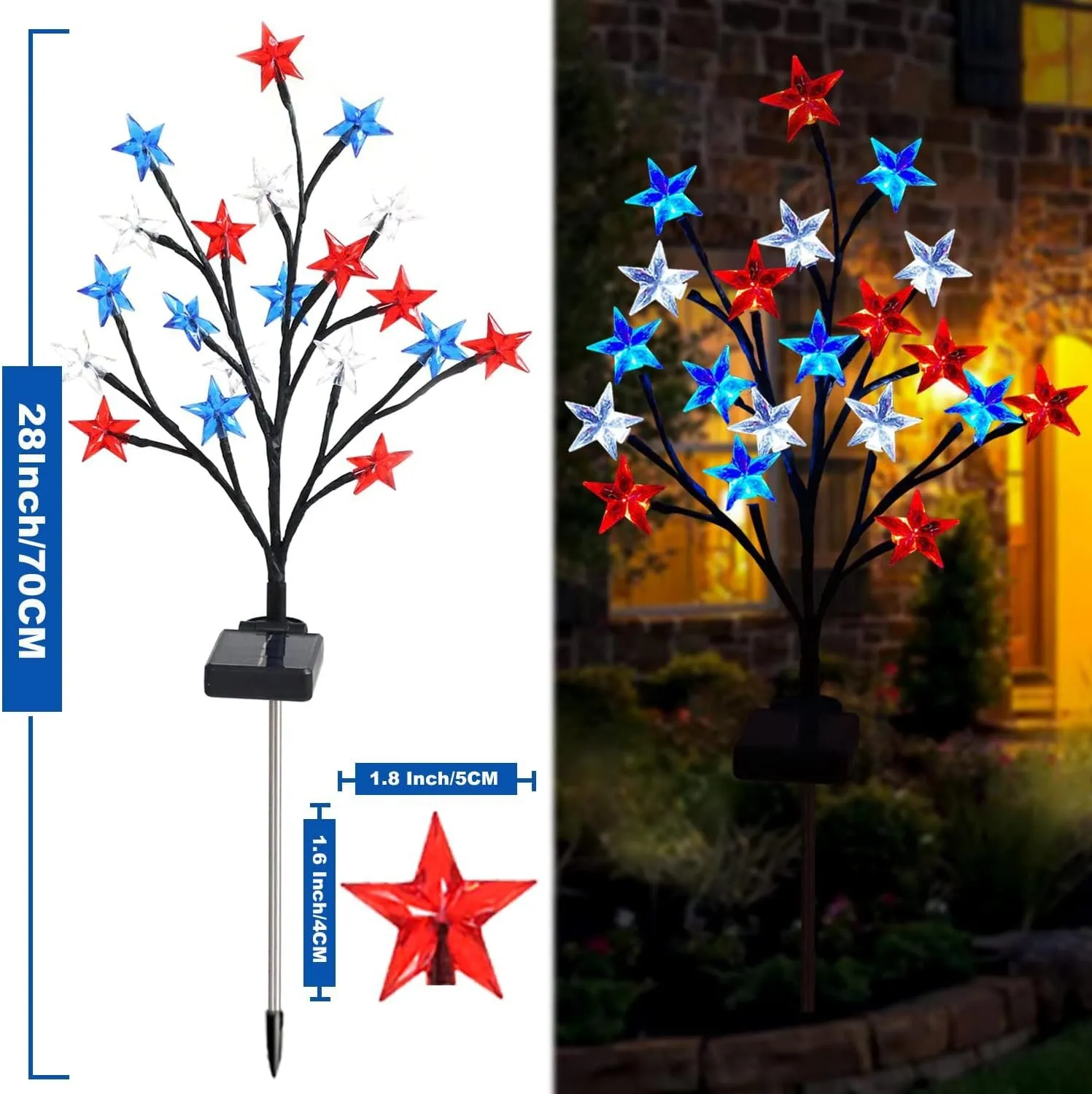 Quntis Solar-Powered Patriotic Branch Stake Lights – Red, White, Blue Star LED Lights for Independence Day & Christmas Decor, Set of 4 With 2Models